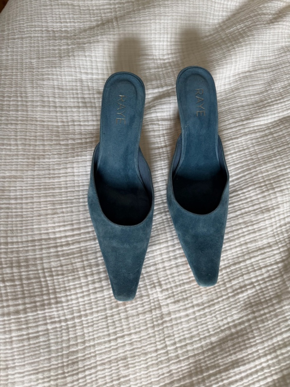 RAYE Teal Blue Pointed-Toe Suede Mules